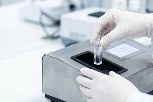 In a medical lab, a technician's gloved hands insert a glass cuvette filled with a clear liquid sample into a modern spectrophotometer for analysis.