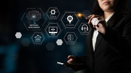 AI learning system involves deep learning, supervised machine learning, and natural language processing. AI learning diagram shows how AI advances learn in automation and data processing. Spline © InfiniteFlow