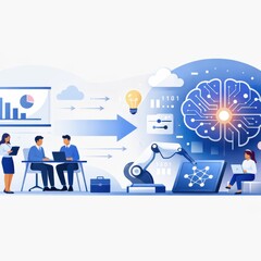 Naklejka premium Innovative business meeting showcasing teamwork and technology progression with data analytics artificial intelligence and robotic automation enhancing productivity and strategic insights