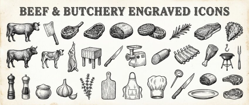 Beef and butchery icons show cuts, tools, and ingredients used in cooking meat preparation in a clear design