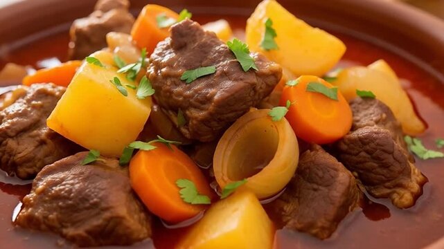 Hearty Beef Stew: A vibrant display of a rustic, home-cooked stew, brimming with tender chunks of beef, complemented by the sweetness of carrots, potatoes, and onions, all simmered in a rich.