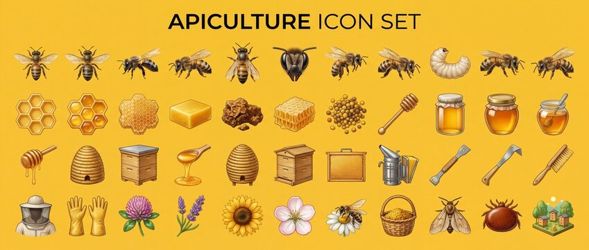 Collection of icons showing different aspects of apiculture on a bright yellow background that highlights bees and honey products