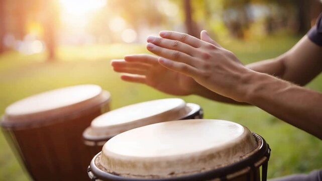 human hands playing bongo drums outdoors, close-up of rhythmic finger movement on wooden percussion instruments, warm afternoon sunlight creating soft 