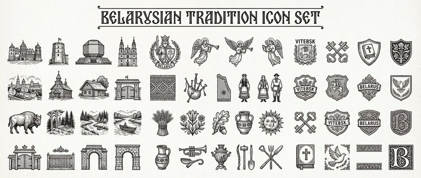 Belarusian tradition icon set shows cultural symbols from Belarus in black and white style