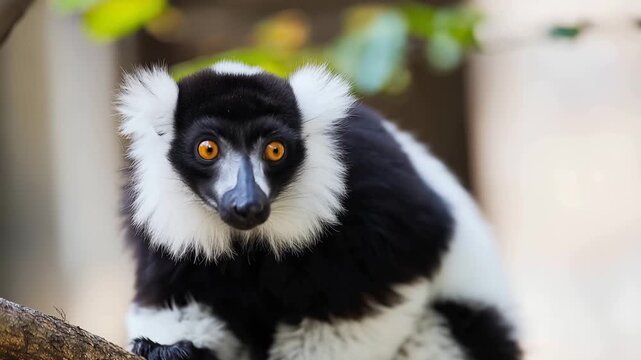 a black and white ruffed lemur sitting on a branch, three-quarter profile with bright amber eyes and fluffy cheek fur, individual hair strands visible, soft 4K
