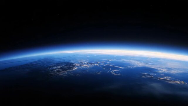 blue planet surface from orbit with soft atmospheric limb glow, faint cloud systems and curvature visible, deep black space background with sparse stars, subtle sunlight gradient
