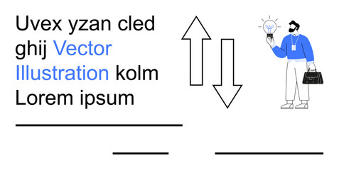 Innovation, creativity, business strategies, leadership, problem-solving, decision-making. A man holding a light bulb ideas, next to two directional arrows. Innovation and creativity concept © robu_s