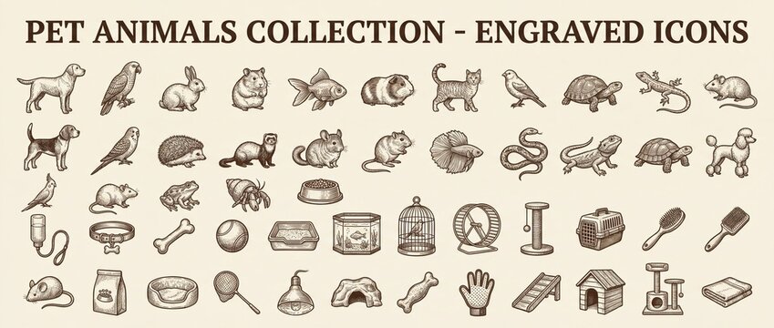 Pet animals collection shows engraved icons of various pets and their items for fun design and decoration purposes