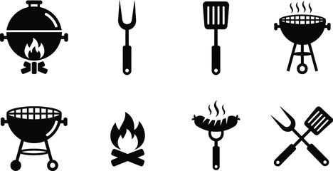 Naklejka premium Barbecue icons set with grill equipment and cooking tools including spatula fork and fire flames in flat silhouette style for summer picnic party and outdoor food preparation vector collection