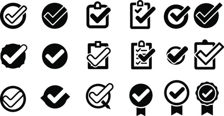 Check mark icons set with various checkmark symbols and clipboard signs in flat black style for task management and approval confirmation on isolated transparent square background vector design © shakib