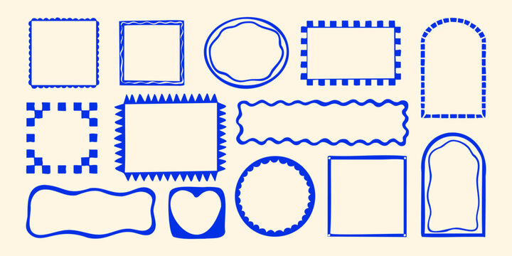 Cute hand drawn frame set with decorative stamp borders. Doodle vintage simple design. Vector illustration.