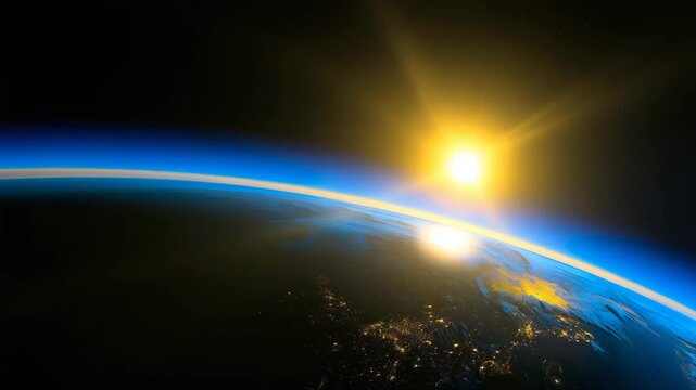 Earth from space at blue sunrise, wide eye-level orbital view with curved horizon, vivid deep blue atmosphere, curvature, satellite, celestial, natural beauty 