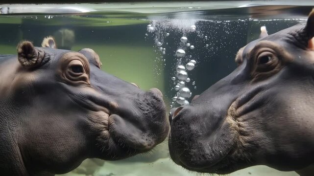 hippopotamus head and shoulder colliding with another hippo, micro bubbles exploding between bodies, thick grey skin folds and pores extremely visible 4K