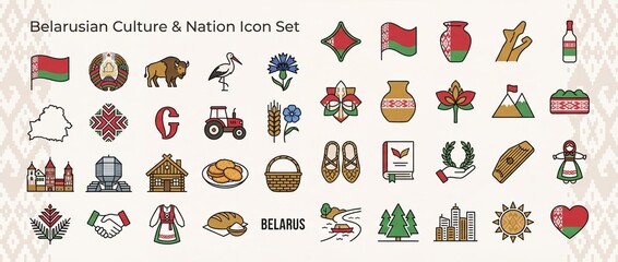 Icon set showcasing Belarusian culture and nation with symbols, colors, and traditions displayed in various designs and shapes