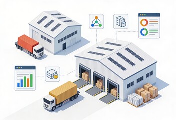 Innovative logistics ecosystem showcasing modern warehouses equipped with solar panels and connected technology enhancing supply chain efficiency and data analytics