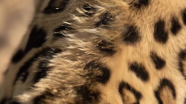 Macro wildlife detail of leopard fur texture showing rosettes and short hairs, abstract close-up with warm safari light spill, visible dust particles between hairs