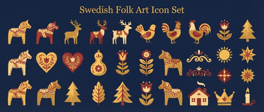 Traditional Swedish folk art icon set featuring animals, plants, and symbols in bright colors against a dark background