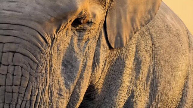 Macro wildlife detail of white rhinoceros skin texture with deep folds and dust particle 