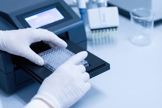 A scientist's gloved hands load a 96-well microplate into an automated plate reader for high-throughput screening in a modern laboratory.