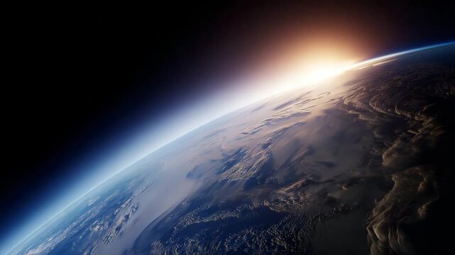 orbital view of Earth from space during sunrise with atmospheric limb glow, partial crescent illuminated by warm sunlight  