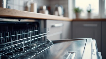 Dishwasher is open and the inside is full of dishes