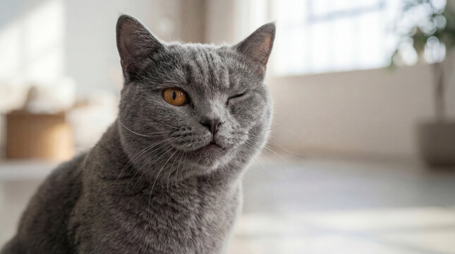 Close up portrait of a funny grey British Shorthair cat winking with one eye closed looking at camera on blurred background with copy space