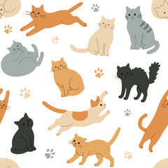 Obraz premium Playful cats and paw prints as seamless repeat pattern. Friendly flat style for wallpaper, fabric, and kids projects, palette and shapes, isolated on white background vector illustration