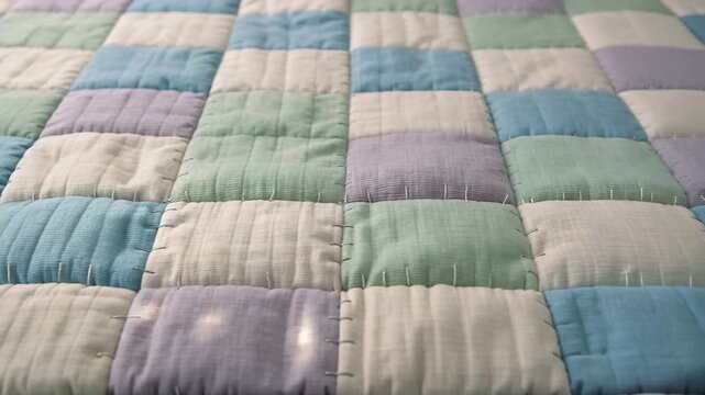 A soothing quilt featuring intricate stitched patterns with a collection of soft pastel color blocks, evoking a sense of warmth, relaxation, and artistic craftsmanship.