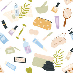 Natural skincare and beauty products, accessories, and eco-friendly personal care items arranged in a seamless repeating pattern, isolated on white background vector illustration