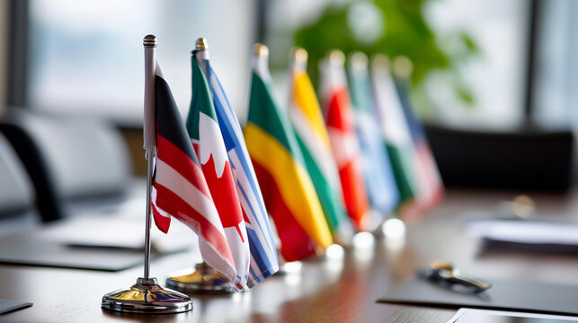 Mini flags of different countries lining negotiation table in formal diplomacy setting, international discussions collaboration symbolizing, multinational dialogue, with copy space