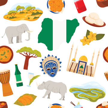 Traditional Nigerian elements including food, wildlife, landscapes, and cultural icons arranged in a seamless pattern, ideal for educational and creative projects, isolated on white background vector