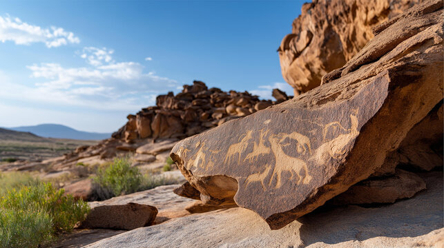 Prehistoric depiction of various people animals on rock, San rock paintings Sevilla Art Rock Trail, Cederberg Mountains near Clanwilliam Western Cape South Africa, with copy space