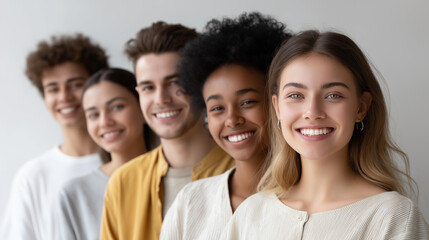 Fototapeta premium Row of young people from different ethnicities, multicultural youth representation, diverse generation visualization, ethnic variety display, with copy space