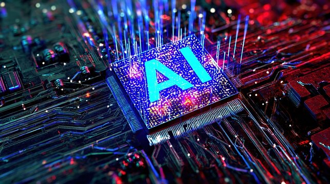Advanced Glowing GPU Chip with AI Letters . Next-generation Artificial Intelligence Acceleration Card for Powering High-Performance Computing inside Data Centers and Supercomputers