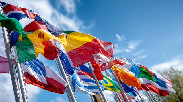 Colorful display of international flags representing global business opportunities unity, worldwide commerce visualization, multinational cooperation symbolism, with copy space