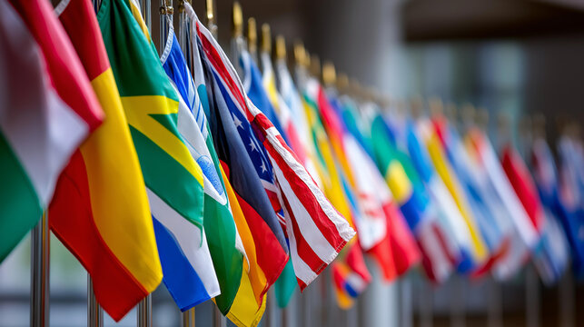 Colorful display of international flags representing global business opportunities unity, worldwide commerce visualization, multinational cooperation symbolism, with copy space