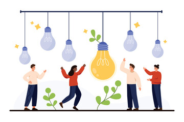 People celebrating new idea with glowing lightbulb symbolizing innovation teamwork creativity discovery and brainstorming for business success isolated on white background vector illustration © Flash Vector