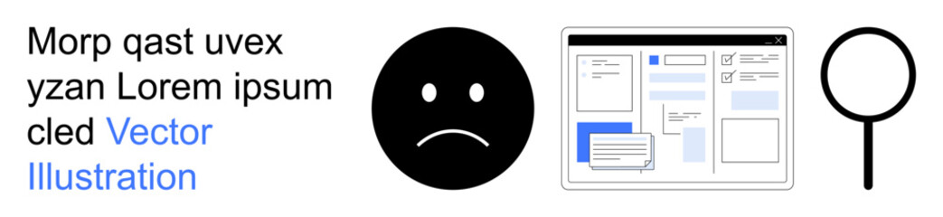 Fototapeta premium Problem-solving, user experience, feedback collection, digital tools, search process, error detection. Sad face icon, interface layout magnifying glass. Problem-solving and user experience concept