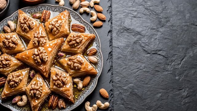 Assortment of glazed pastry desserts with various nuts served on patterned plates