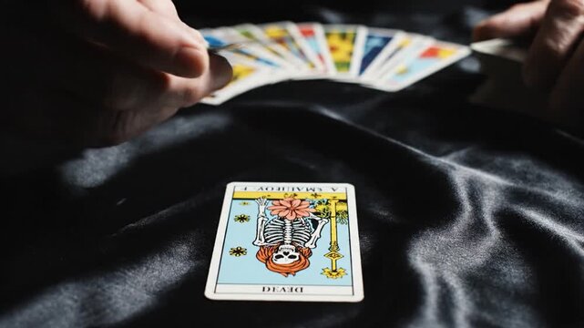 Tarot reader revealing Death card on black silk. Transformation concept.