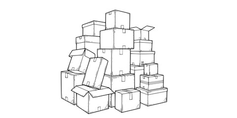 set of cardboard boxes line art, black outline, vector and illustration, coloring book page line art drawing

