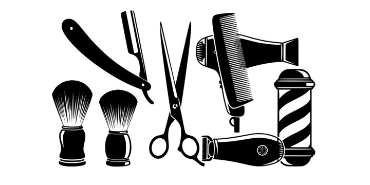 Barber tools silhouette, Barber tools, Barbershop tools, Hairdressing tools set, Barbershop equipment silhouette, Salon tools silhouette, Hairdresser tools icons set 