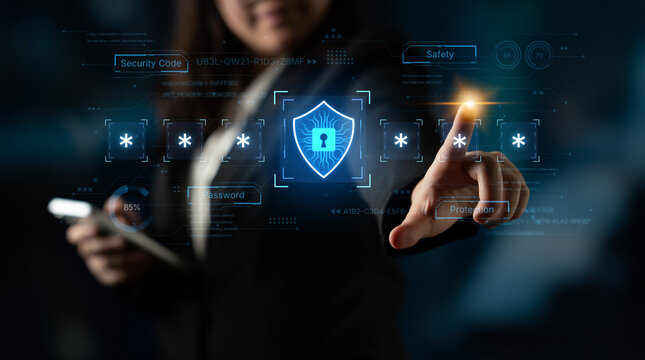 A concept of an advanced cybersecurity system. The futuristic interface shows a multi-factor authentication process using a secure password or PIN for enhanced data protection. Fermion