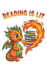 Cute Fire Dragon Reading Book Stack Design