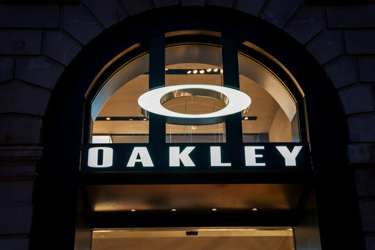 LONDON, UK. 15th February. Oakley company logo on store. Oakley is an American company, which designs, develops and manufactures sports performance equipment.