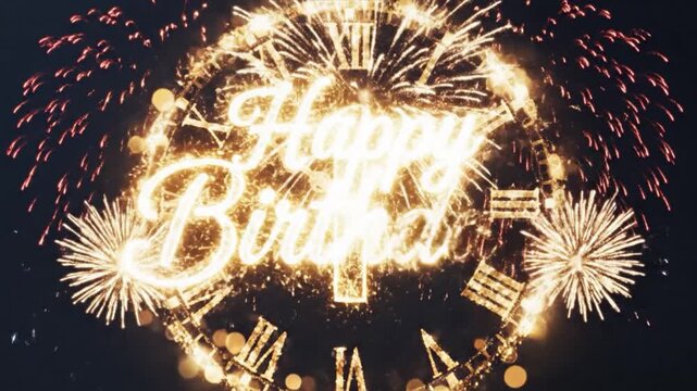 Golden Happy Birthday Countdown Animation with Glittering Fireworks and Vintage Clock Face Motion Graphic