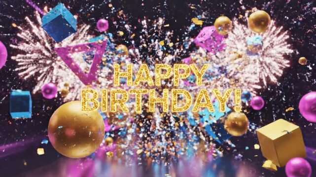 Happy Birthday Countdown Transition: Abstract 3D Geometric Shapes Explode with Glitter and Fireworks Motion Graphic Greeting