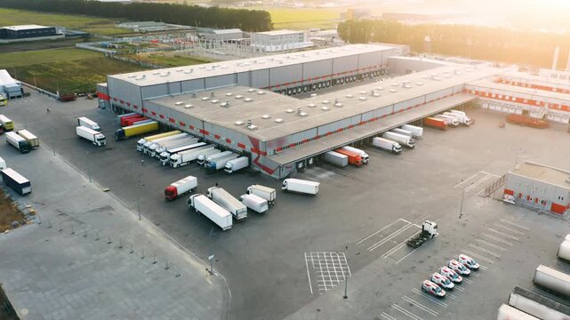 Aerial Drone View of Large Modern Logistics Complex with Warehouses and Trucks at Loading Docks | Supply Chain Distribution Center at Sunset | Industrial Perspective