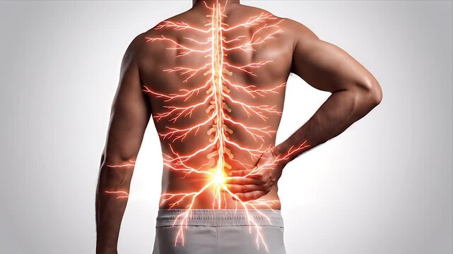 Bare Chested Man Illustrates Lower Back Pain with Nerves Radiating in Red on Light Gray Background for Medical or