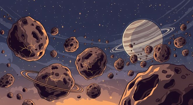 Asteroids and a large planet in outer space with stars.